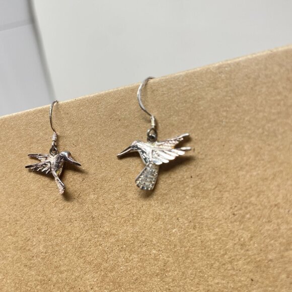Sterling Silver Hummingbird Earrings Marked 925 Dainty Hanging Minimal - Picture 3 of 9